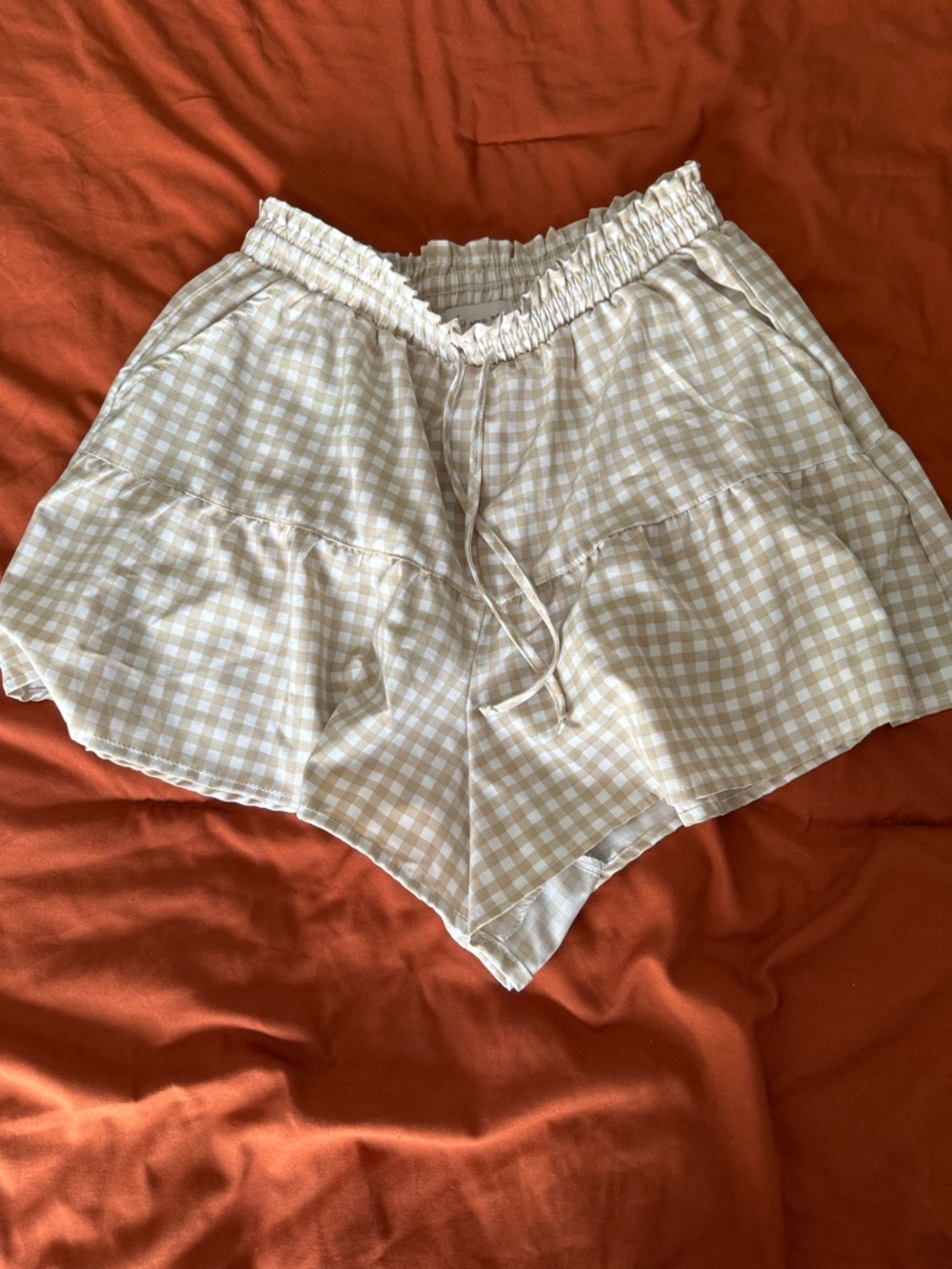 Gingham Drawstring Ruffle Waist Women's Shorts